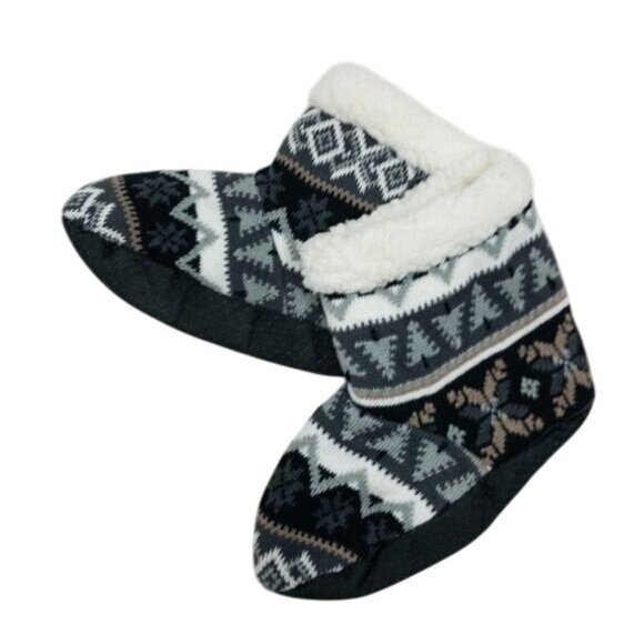 Muk Luks Fair Isle Cozy Slipper Socks L/XL Grey & Black Ivory Lining - Picture 1 of 3